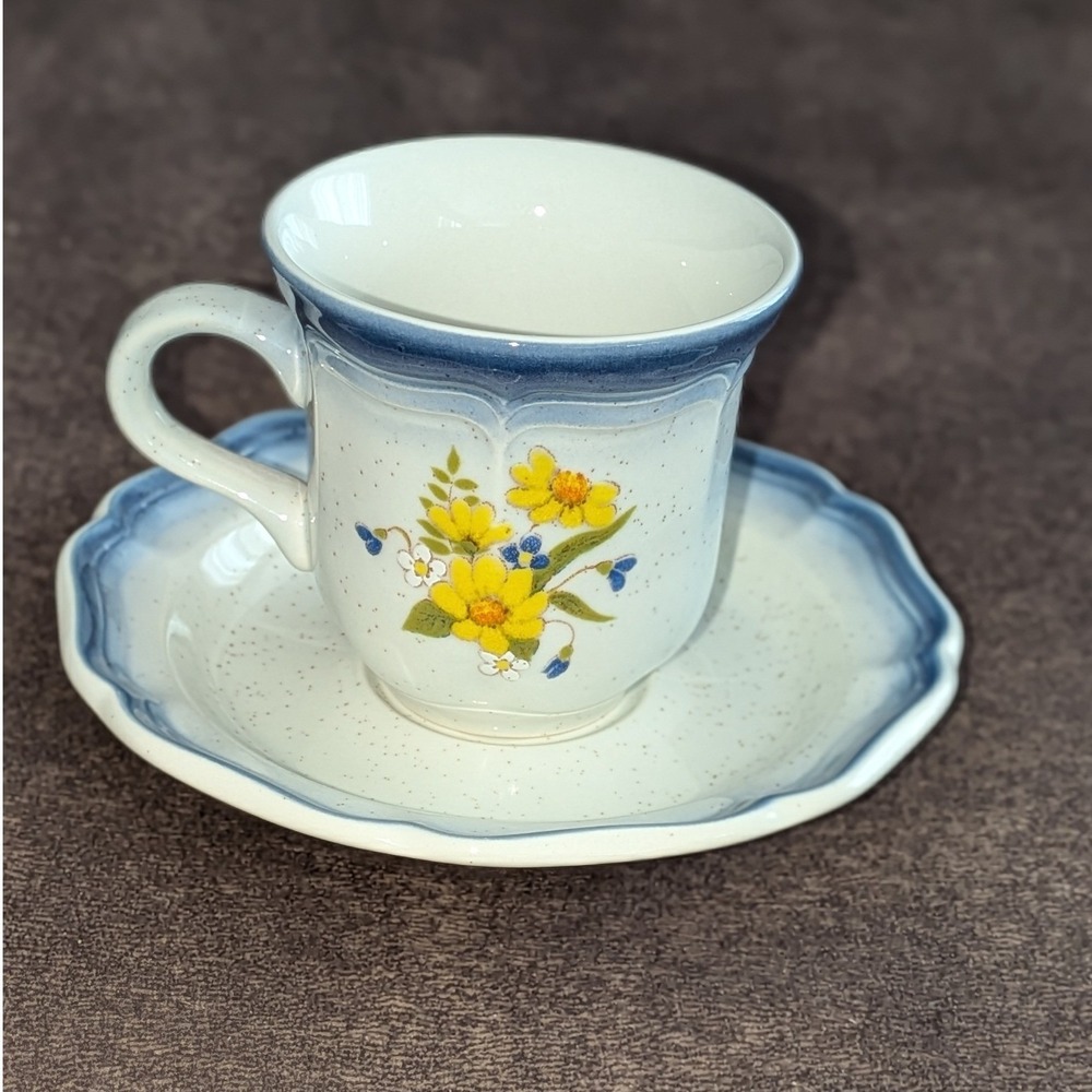 Mikasa Country Club CA 508 Floral Stoneware Teacup and Saucer Set Japan Blue Rim